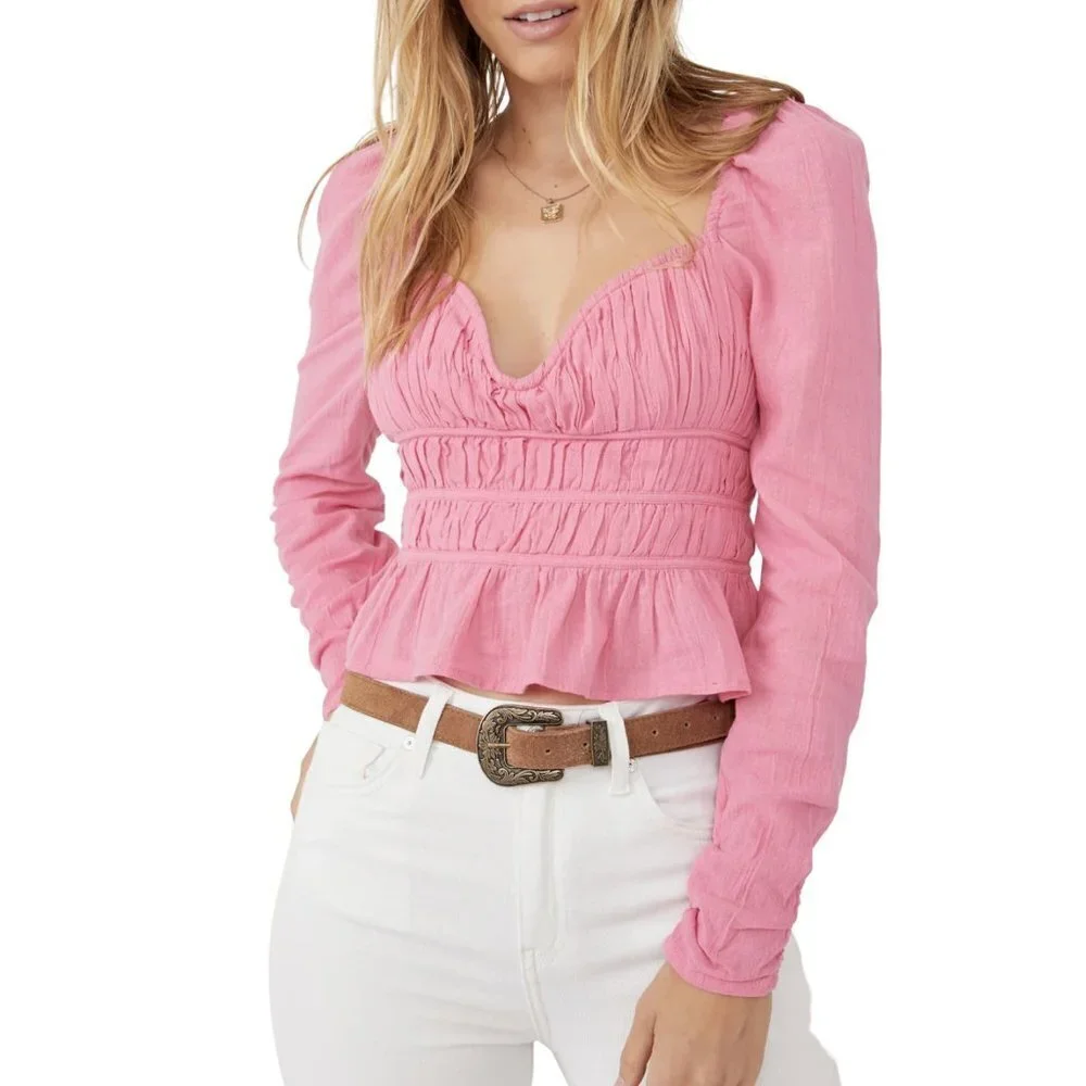 NWT Free People Chloe Peplum Long Sleeve Top in Aurora Pink